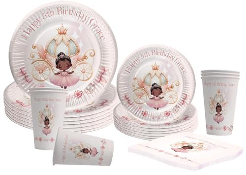 Princess Party Tableware Set Daughter's Birthday Personalised Name Age Kids Fairytale Theme Supplies Decorations, Cake Napkins Plates Cups pack of 6