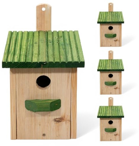 Nistkästen 4er Set aus Naturholz – Wetterfestes Vogelhaus mit grünem Dach für Meisen, Spatzen & Co. – Ideal für Garten & Balkon