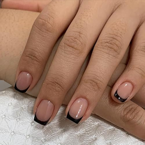 Press on Nails French Tips - 24pcs Short Square False Nails - 12 Sizes Fake Nails with Glue And Adhesive Nail Tabs - Glossy Full Cover Black Edge Stick on Nail for Women Girls