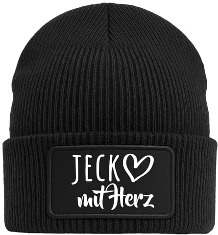 Huuraa Beanie Jeck mit Herz Geschenk | Black Geschenkidee Schwarze Rippstrick Wintermütze mit austauschbarem Klett Patch