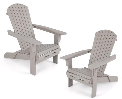 GOPLUS Lot de 2 Chaises Adirondack, Chaise d'Extérieur Pliable avec Cadre Bois Massif, Dossier Incurvé et Accoudoirs Larges, Max. 180 Kg, pour Terrasse, Jardin, Piscine (89 x 71 x 94 cm,Gris)
