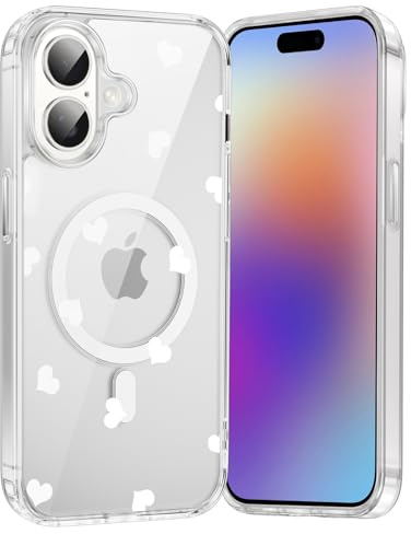 Saqmkil Handyhülle für iPhone 17 Hülle für Magsafe mit Herz Muster | Aesthetic Weiß Motiv Mädchen Magnetische Case, Transparent Weich Silikon Dünn TPU Stoßfeste Schutzhülle Cover 6,3