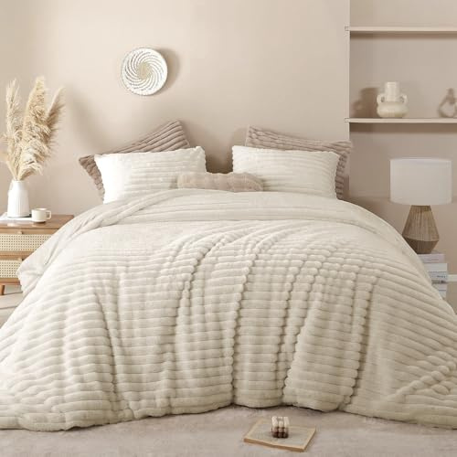 Lanqinglv Flauschig Bettwäsche 200x220 cm Beige Gestreift,Plüsch Kunstfell Flanell Winterbettwäsche Warm Kuschelig Cashmere Touch Bettbezug mit Reißverschluss und 2 Kissenbezug 80x80cm