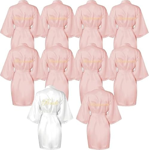 Xaztr 10 pièces de robes de bain en satin pour mariée, demoiselles d'honneur – 1 peignoir de bain blanc pour mariée, 9 robes de bain en satin rose pour demoiselles d'honneur, mariage, enterrement de