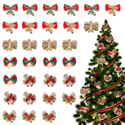 EDLMKM 30 Pcs Christmas Bows with Bells for Tree Decoration, Xmas Wreath Making Supplies Bows, Wrapping Accessories for Gift Wrapping Christmas, Xmas Tree Bells Set, Bowknot Craft Present Ornament