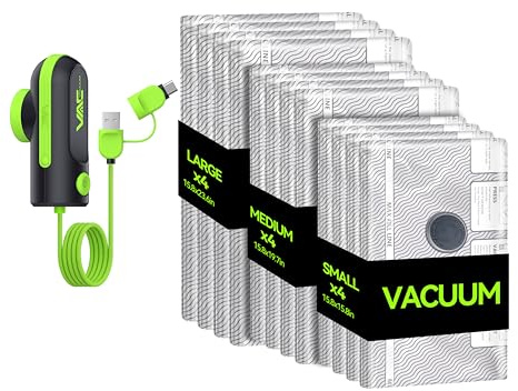 VACKFOX vakuumpumpe mit USB- und Type-C-Pumpe,12-teilige vakuumbeutel für kleidung mit pumpe für Gepäck,starke -58KPa Saugkraft,für Reise- und Haushaltskleidung sowie Decken(Grün)
