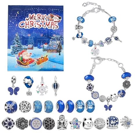 Adventskalender 2025 Damen Schmuck, Weihnachts-Countdown Schmuck mit 22 Charm-Perlen und 2 Armbändern, Weihnachtskalender Armband DIY Geschenk für Teenager Frauen (Blau)