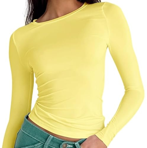 OYIGELZ Tops for Women UK, Light Yellow Long Sleeve Tops, T Shirts, 1-Pack | Y2K Top, Light Yellow T-shirts, Sexy Slim Fit Shirts, Basic Crop Tops, Tee Streetwear, Round Neck, Size XL