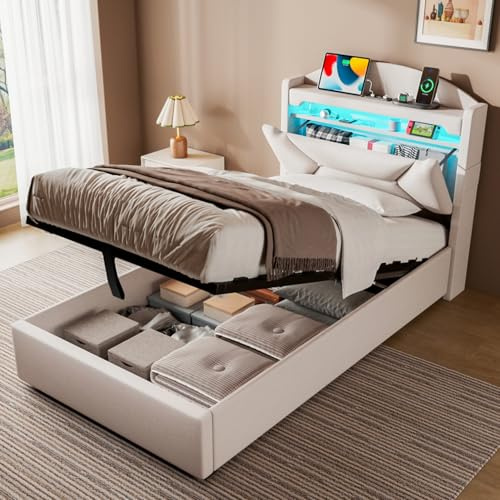 ZUUYEE Cama 90x200 cm con Almacenamiento, Cama Individual con LED, Puertos USB y Type-C, Somier 90x200 Hidráulico, Camas Juveniles Camas Infantiles con Cabecero, Lino, Beige, Colchón No Incluido