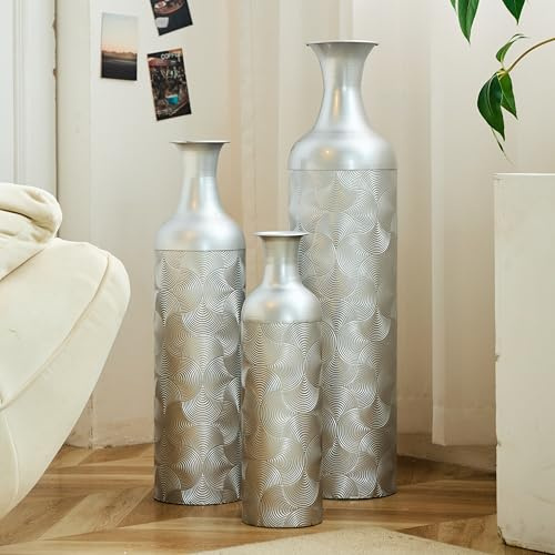 Rpuzonier Große Bodenvasen 3er Set, 83/65/50cm Hohe Blumenvase Boden, GroßE Vase für Wohnzimmer, Kamin Flur Ecke BüRo (Silber)