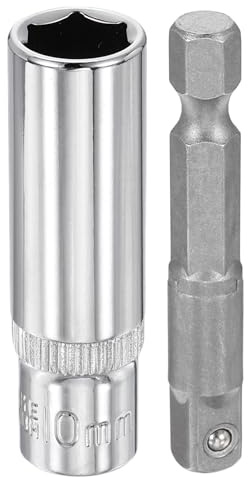 sourcing map Deep 6-Point Impact Socket 1/4 Drive 10mm Metric Socket 50mm (2) Long with 1/4 Hex Shank Adapter, CR-V Steel Socket Adapter Accessory Tool Set Kit for Hex Bolts Nuts