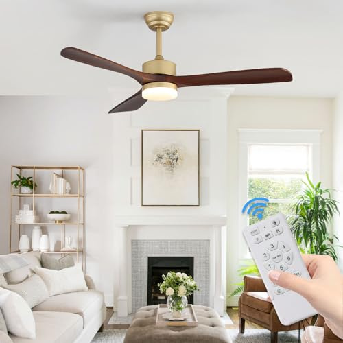 Mikeru Ceiling Fan with Lights 132cm/52inch, Brown 3 Blade Flush Mount Ceiling Fan Wood Light 10% to 100% Dimmable Quiet DC Motor Fan with Remote 3000K/4500K/6000K for Living Room