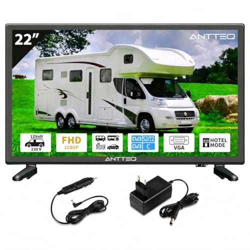 Antteq LED TV 22 Pollici (Televisore 55 cm) 2K D-LED con 12V, Triple Tuner DVB-C/T2/S2, Modalità Hotel, Audio Dolby, SCART & CI+ – Ideale per Camper, Campeggio e Hotel