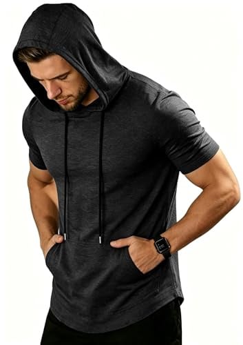 ZITY Men's Short Sleeve Hooded T‑Shirt Muscle Fit Workout Gym Pullover Top Lightweight Summer Athletic Shirts with Pocket for Running Hiking M-3XL
