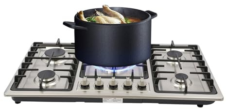 MIKIYUEER 5 Burner Natural Gas Cooktop, 86cm Stainless Steel Gas Hob, NG | Countertop or Drop In Installation, Flame Failure Protection, Pulse Ignition, Cast Iron Pan Supports, Independent Knobs