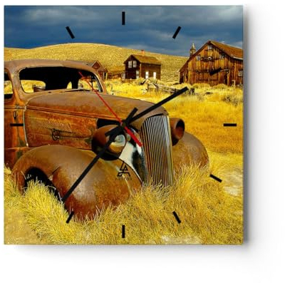 Modern Wanduhr Bauernhof altes Auto aufgegeben 40x40cm Quadrat Groß Wand Uhr Glas Analog Zimmeruhren Küche Büro Wohnzimmer Glasuhr Wall Clock Dekoration Design Wanddekoration Küchenuhr C3AC40x40-1289