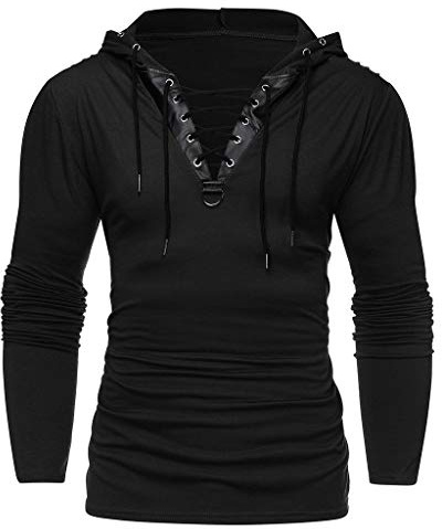 Xmiral Herren Kapuzenoberteile Kordelzug Vintage Leder Patchwork Langarm Sweatshirt