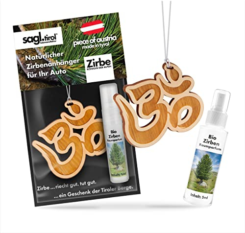sagl.tirol Auto Duft aus Zirben Holz [100% Bio] inkl. Zirben Raum Parfüm 5ml I verschiedene Motive I natürlicher Auto Duftbaum I Auto Duft Innenraum I Auto Lufterfrischer I Autoduft I Indisches Om