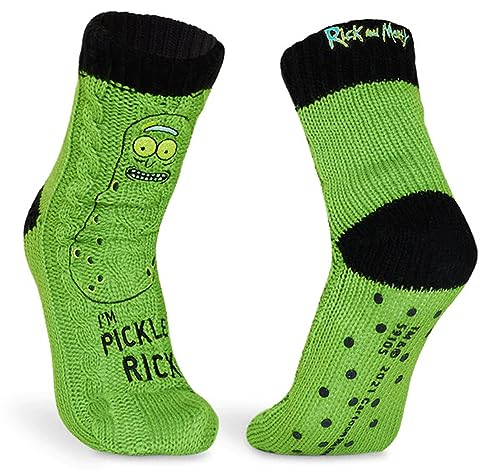 RICK AND MORTY Lustige Socken Herren, Kuschelsocken Herren mit ABS Anti Rutsch Noppen und Sherpa Fleece (Schwarz/Grün)