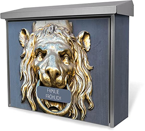 banjado® Burgwächter Briefkasten Edelstahl 38,5x31,5x12cm mit Motiv Türklopfer Löwe/Briefkasten Edelstahl ohne Zeitungsfach/Briefkasten grau/Postkasten inkl. Montagematerial & 2 Schlüsseln