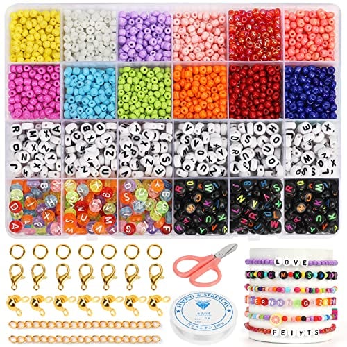 Perlen Zum Auffädeln 3000PCS Perlen Set,4mm Glasperlen und Buchstabenperlen schmuck selber machen set,Geeignet für bunte DIY Halskette Freundschaft Armband Schmuck machen