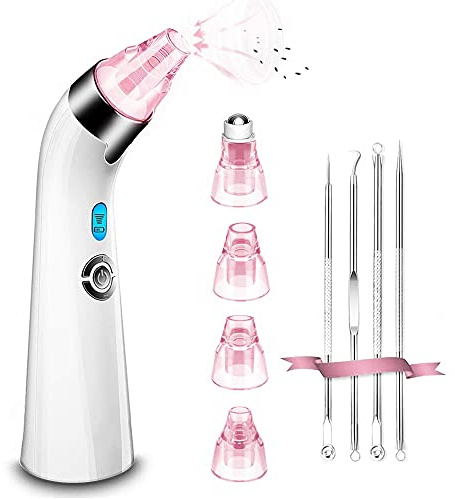 Aspirateur de pores électrique amélioré avec 5 puissances d'aspiration réglables et 4 sondes d'aspiration, rechargeable par USB pour points blancs (rose)
