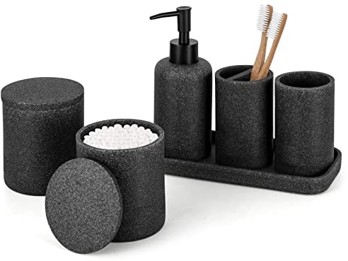 ZCCZ Juego de 6 Accesorios de baño Negro con Dispensador de jabón, 2 Soportes para hisopos, Soporte para Cepillo de Dientes, Vaso de baño y Bandeja de tocador, Organizador Decorativo para encimera