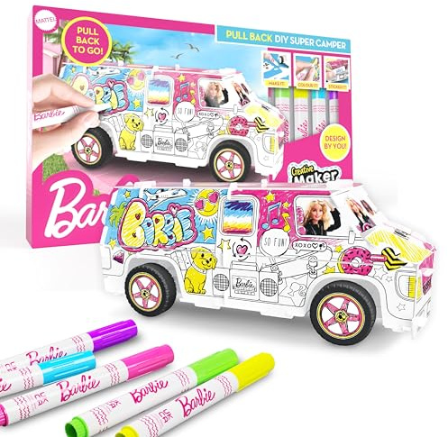 BLADEZ Barbie Toyz Aufkleber-Aktivitätsset DIY Super Barbie Camper Van – Fahrzeug zurückziehen, anpassbare Puppen & Aufkleber – Kreatives Barbie-Spielzeug für Kunst & Handwerk – Perfekte