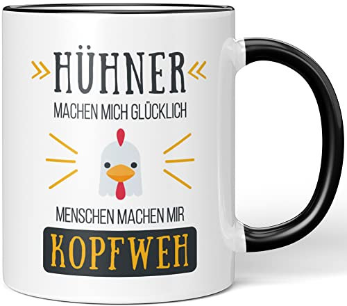 JUNIWORDS Tasse, Hühner Machen Mich glücklich Menschen Machen Mir Kopfweh, Wähle Farbe, Schwarz