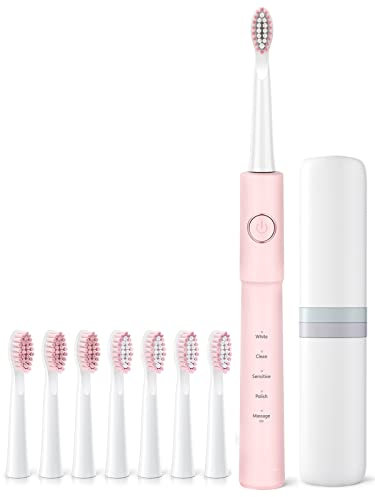 Brosse à dents électrique rechargeable pour adultes Sonic Power avec 5 modes, minuterie intelligente, boîte de voyage et 8 têtes de brosse de rechange, rose