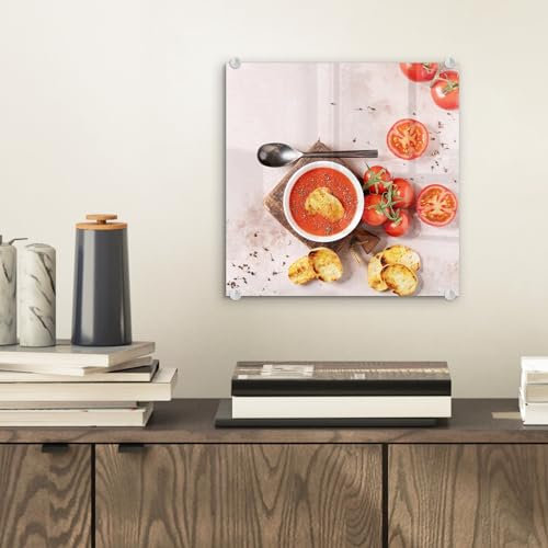 MuchoWow Glasbild Glasfoto Wandbild Bilder Deko 20x20 cm Tomate - Suppe - Küche - Kräuter