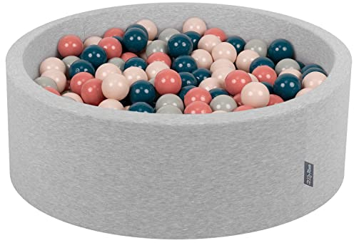 KiddyMoon Bällebad 90X30cm/200 Bälle ∅ 7Cm Bällepool Mit Bunten Bällen Für Babys Kinder Rund, Hellgrau:Dunkeltürkis/Pastellbeige/Grüngrau/Lachsfarben