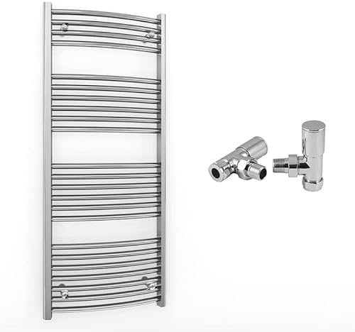 550mm Wide Curved Chrome Heated Bathroom Towel Rail Radiator With Valves For Central Heating UK (With Angled Valves, 550 x 1200 mm (h))