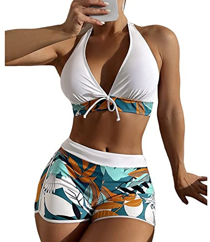 Maillot de Bain Femme 2 Pièces Bikini Dos Nu Sport Shorty Imprimé Taille Haute Bikini Set V-Cou Swimwear Haut Triangle Réglable Taille Mid Waisted Rembourré Maillot