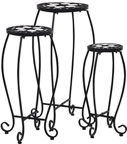 homiuse 3 Stk. Mosaik-Tische Schwarz und Weiß Beistelltisch Blumenhocker Pflanzenhocker Balkontisch Bistrotisch Beistelltisch Metall Blumenbank Blumentisch Beistelltische Keramik 30x30x70 cm