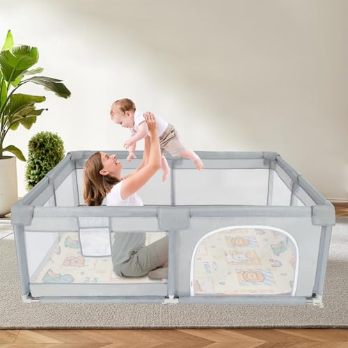 Gupamiga Laufstall Baby mit Spielmatte 150x180x65 cm, Laufgitter Baby mit Atmungsaktive Netz Schutzgitter, Einfach zu Montieren und zu Reinigen