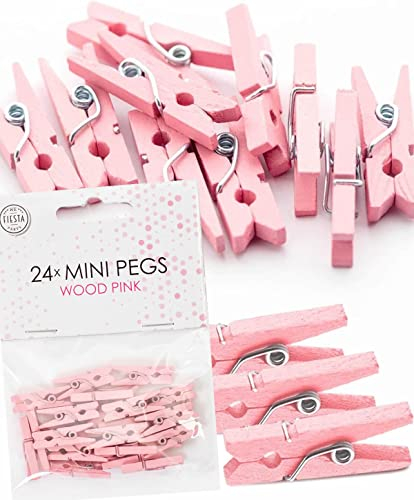 48x Mini Wäscheklammern aus echtem Holz | Größe: 25x10x4mm, mit Metallfeder, für Deko und zum Basteln | Miniklammern Holzklammern Klammer… (Rosa)