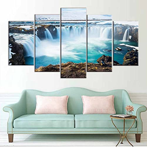 Targawerelax Canvas Painting Poster Leinwandbilder Für Zuhause, Dekoration, Poster, 5-Teilig, Island-Gemälde, Godafoss-Wasserfall, Landschaftsbilder, Modulare Wandkunst 150x80cm