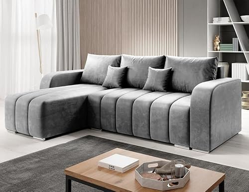 ML Furniture Ltd Velvet Ecksofa in L-Form 245 x 86 x 147 cm mit Schlaffunktion und Bettzeugbehälter - Schlafsofa mit Bettkasten - Eckcouch mit Stauraum - Links Couch Velours - Farbe: Graphit MO97