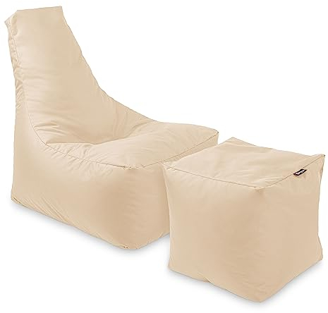 BuBiBag Calm Sitzsack mit Hocker - Gaming Sitzsack für Kinder & Erwachsene - Bean Bag auch für Outdoor Nutzung geeignet - Sitzpouf & Griff (Beige)