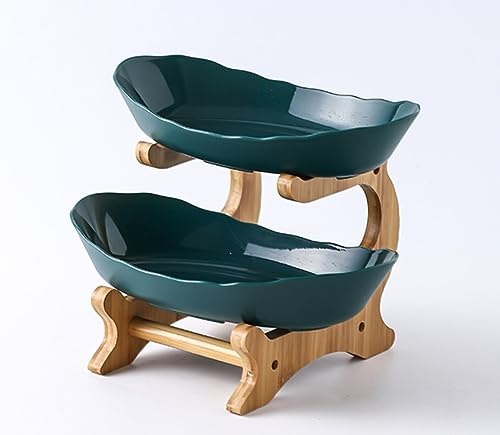 2 Tier Green Fruit Bowl Set Plastic with Natural Wooden Bamboo Stand, Tiered Large Fruit Bowl, Double Layer Fruit Bowls on Stand for Kitchen, Plate, Food Storage (2 Tier Acrylic)