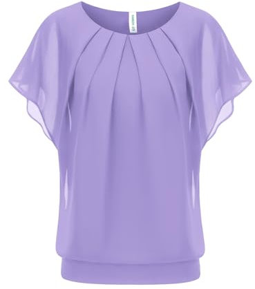 WANGZHI Damen Sommer Fledermausärmel Chiffon Bluse Rundkragen Casual T-Shirt Loose Fit Kurzarm Tunika Festliche Oberteile Basic Shirt Tops Chiffonbluse lila,XXL