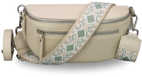 BRISE Bauchtasche Damen Echtes Leder Lucia Handgemachte Umhängetasche Crossbody Bag mit Ledergurt + Optionalen Breiten Gemusterten Riemen 3 Fächer Stylische Hüfttasche Made in Italy (Beige - 2)