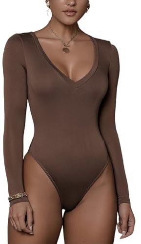 Rongseng Body Donna Maniche Lunghe Scollatura a V Bodysuit Sexy Body da Donna Manica Lunga Elegante Aderente Tops Morbida Basic T-Shirt Casuale Elasticizzato Tuta Jumpsuits