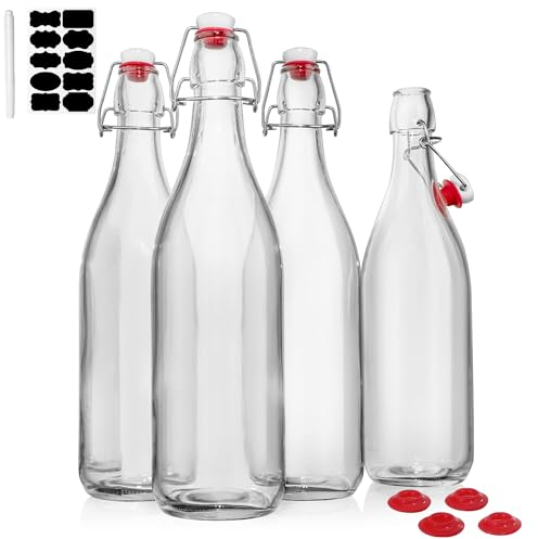 MEETOZ Lot de 4 bouteilles en verre transparent avec couvercles hermétiques, bouteilles à bouchon facile pour bière et brassage maison, 946 ml, bouteilles en verre avec bouchon basculant pour