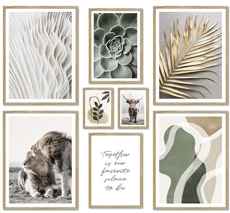 ARTFAVES® Poster Set - ABSTRACT NATURE - mehrteilige Wanddeko Wohnzimmer & Schlafzimmer - 8 moderne Wandbilder Abstrakt, grün, Löwe, beige, gold, Natur - mit Rahmen Eiche