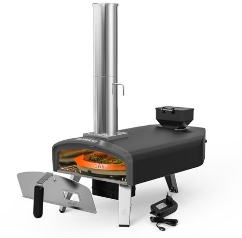 Mimiuo Pellet Pizzaofen mit Drehfunktion, Pizzaofen Outdoor mit 33cm Pizzastein, Tragbar Pizza Ofen, Pizza Oven Perfekt für Terrasse, Balkon und Garten, Schwarz