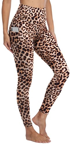 Gayhay Leggings Damen High Waist Sport Leggins mit Taschen Blickdicht Sporthose Lang Hose Bauchweg Laufhose für Sport Yoga Gym Leopard S-M