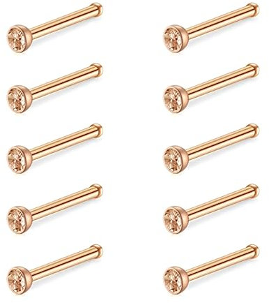 Decentraland 10 Stück Rose golden-Rose golden (I-förmiger Nasenring), Nasenstecker aus Chirurgenstahl/Titan für Frauen, Nasenloch-Piercing-Schmuck, 20 g