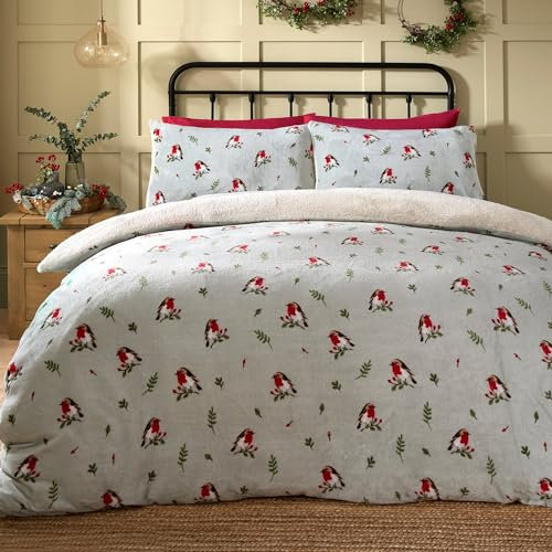 Dreams & Drapes - Copripiumino vintage rosso in pile con pettirossi - Letto King Size (230 220 cm) - Reversibile (2 fantasie) - Morbido copripiumino in pile Teddy color carta da zucchero - Biancheria